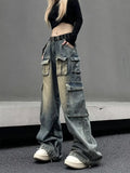 FOESCE Women's Black Gothic Jeans Harajuku Y2k 90s Aesthetic Baggy Denim Trousers Korean Vintage 2000s  Punk Wide Leg Pants Clothes