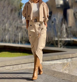 FOESCE Women's Casual Temperament Two Piece Sets Outfit Notched Collar Long Sleeve Coat +Skirt Sets for Women 2 Pieces Autumn