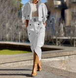 FOESCE Women's Casual Temperament Two Piece Sets Outfit Notched Collar Long Sleeve Coat +Skirt Sets for Women 2 Pieces Autumn