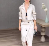 FOESCE Women's Casual Temperament Two Piece Sets Outfit Notched Collar Long Sleeve Coat +Skirt Sets for Women 2 Pieces Autumn