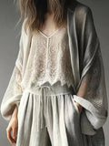FOESCE Women's Long Sleeve Cardigan Summer Thin Loose Casual Fishnet Lantern Sleeve O-Neck Cardigan Retro Ladies Jacket