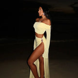FOESCE Women's Solid Beach Skirt Sets Sexy High Split Slim Bohemian Outfits Off The Shoulder Holiday Fashion 2 Piece Set 2025 Beachwear