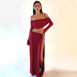 FOESCE Women's Solid Beach Skirt Sets Sexy High Split Slim Bohemian Outfits Off The Shoulder Holiday Fashion 2 Piece Set 2025 Beachwear