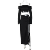 FOESCE Women's Solid Beach Skirt Sets Sexy High Split Slim Bohemian Outfits Off The Shoulder Holiday Fashion 2 Piece Set 2025 Beachwear