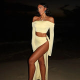 FOESCE Women's Solid Beach Skirt Sets Sexy High Split Slim Bohemian Outfits Off The Shoulder Holiday Fashion 2 Piece Set 2025 Beachwear