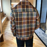 FOESCE Wool Blend Trench Jackets Autumn Winter Short Loose Jacket Korean Fashion Plaid Jacket Mens Double-Breasted Tweed Coat