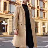 FOESCE Wool Trench Coat Men Classic Turn-down Collar Wool Blends Button Jackets Casual Slim Long Windbreaker Autumn Winter Outwears
