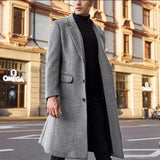 FOESCE Wool Trench Coat Men Classic Turn-down Collar Wool Blends Button Jackets Casual Slim Long Windbreaker Autumn Winter Outwears