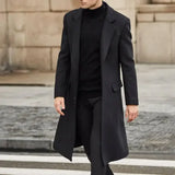 FOESCE Wool Trench Coat Men Classic Turn-down Collar Wool Blends Button Jackets Casual Slim Long Windbreaker Autumn Winter Outwears