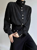 FOESCE Wrinkle Texture Sensation Shirts For Men Stand Collar Long Sleeve Loose Top Spring Autumn Vintage French Fashion Casual Shirt
