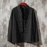 FOESCE XXXXXL Plus Size Men Cotton Linen Shier Autumn Spring Men Collarless Long Sleeve Frog Button Loose Blouse Tops Oversized M-5XL