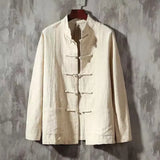FOESCE XXXXXL Plus Size Men Cotton Linen Shier Autumn Spring Men Collarless Long Sleeve Frog Button Loose Blouse Tops Oversized M-5XL