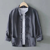 FOESCE XXXXXL Plus Size Men Cotton Linen Shier Autumn Spring Men Collarless Long Sleeve Frog Button Loose Blouse Tops Oversized M-5XL