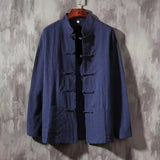 FOESCE XXXXXL Plus Size Men Cotton Linen Shier Autumn Spring Men Collarless Long Sleeve Frog Button Loose Blouse Tops Oversized M-5XL