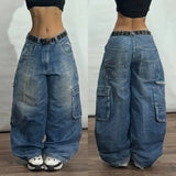 Foesce  Y2K American New Fashion Stitching Multi-pocket Heavy Washing Baggy Jeans Men Streetwear Vintage Rock Pop High Waist Trousers