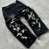 FOESCE Y2K Baggy Jeans Harajuku vintage cherry blossom Embroidery high quality jeans streetwear Hip Hop gothic men women wide leg jeans