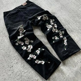 FOESCE Y2K Baggy Jeans Harajuku vintage cherry blossom Embroidery high quality jeans streetwear Hip Hop gothic men women wide leg jeans