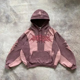 FOESCE Y2K Fashion Hip Hop Gray Stitching Embroidered Hooded Sweater Loose Casual Hooded Sweatshirt Gothic Street Retro Women Clothing