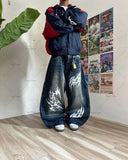 FOESCE Y2K Korean Loose Jeans Harajuku Fashion Embroidered Pattern Hip-hop Versatile Denim Pants Straight Leg Casual Wide Leg Pants