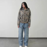 FOESCE Y2K Retro zip up Hoodie Men Camouflage Pattern zipper Sweatshirt High Street Hip Hop Streetwear Oversized Unisex Camo Hoodie