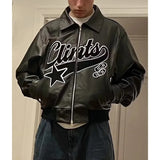 FOESCE Y2k America Street Leather Jacket Retro Trendy Brand Star Letter Embroidery Zipper Jackets Outdoor Motorcycle Coat Windbreaker