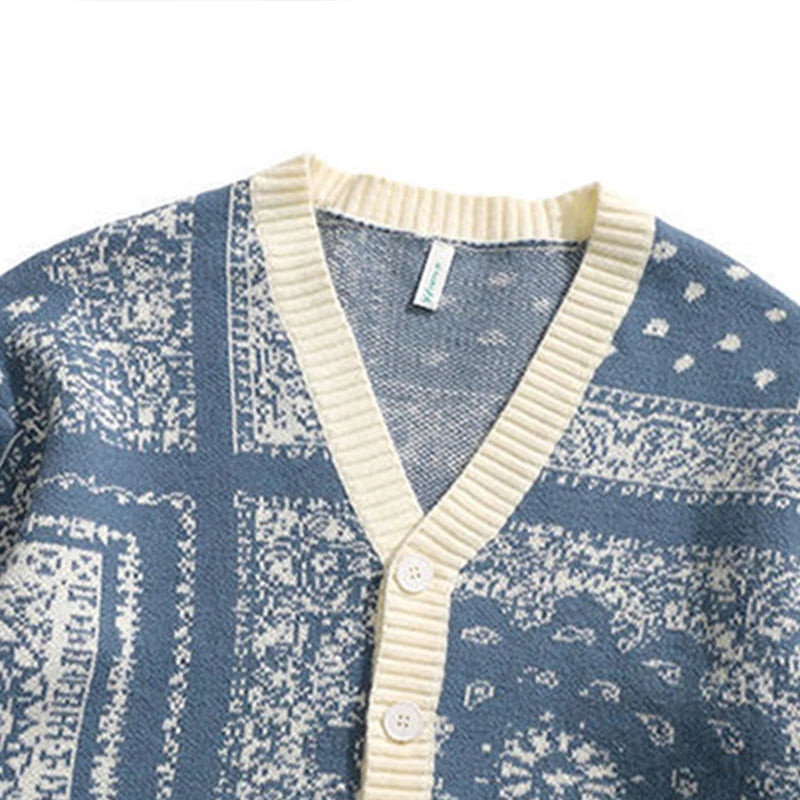 FOESCE Y2k Cashew Flowers Cardigan Men Sweater 2024 Winter Vintage Sweaters Coats Fashion Loose Harajuku Women Oversized Wool Knitted