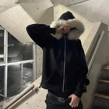 FOESCE Y2k Graphic Hip Hop Punk Grunge Gothic Solid Color Hoodies Clothes Harajuku Zip up Hoodies Aesthetics Rock Collar Streetwear
