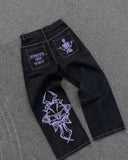 FOESCE Y2k Men Retro Harajuku Clothing 2025 New Baggy Casual Wide Leg Jeans Hip Hop Print Jeans Trend Fashion Black High waist Jean