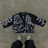 FOESCE Y2k New Hip Hop Punk Graffiti Design Pattern Printed T Shirt Mens and Womens Retro Harajuku Gothic Oversized Short Sleeved Tops