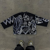 FOESCE Y2k New Hip Hop Punk Graffiti Design Pattern Printed T Shirt Mens and Womens Retro Harajuku Gothic Oversized Short Sleeved Tops