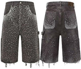 FOESCE Y2k Shorts Men Retro Hip Hop Rhinestone Pattern Harajuku Fashion Loose Gym Basketball Shorts Goth Casual Sweatpants Streetwear