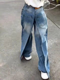 FOESCE Y2k Vintage Blue Baggy Jeans Women High Waist  Aesthetic Harajuku Denim Trousers 90s Trashy Emo 2000s Grunge Cargo Pants