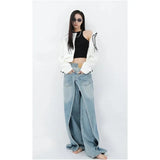 FOESCE Y2k Vintage Blue Baggy Jeans Women High Waist  Aesthetic Harajuku Denim Trousers 90s Trashy Emo 2000s Grunge Cargo Pants