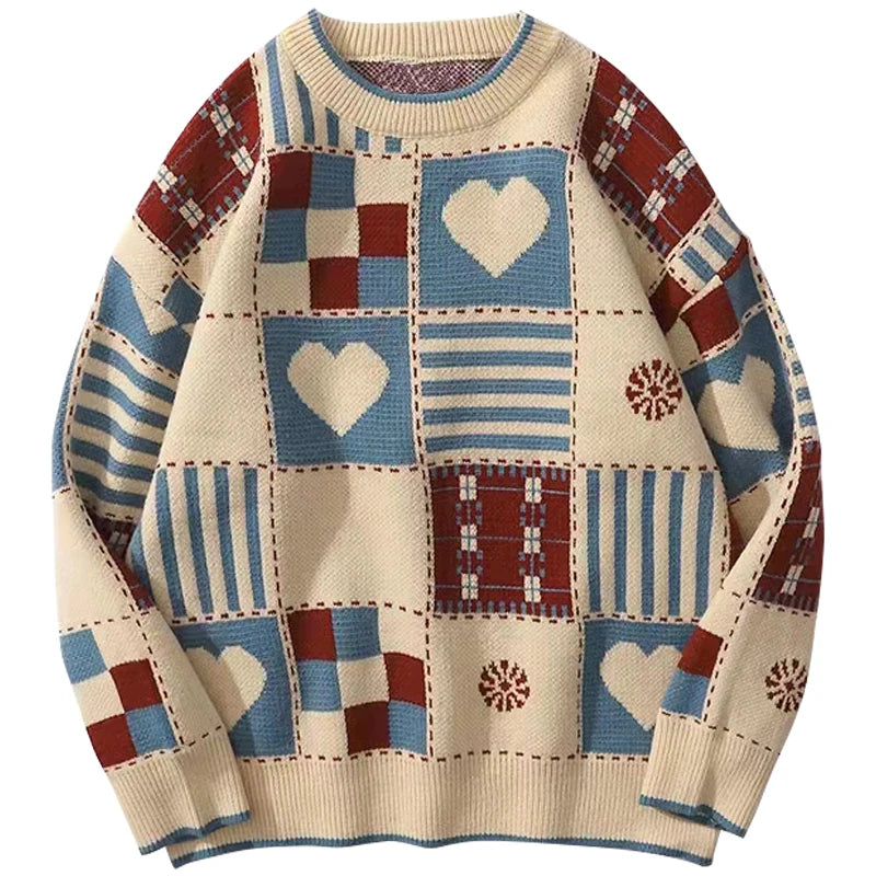 FOESCE Y2k Vintage Sweater Men Hip Hop Streetwear 2025 Harajuku Retro Japanese Style Love Oversized Women Knitted Sweater Wool Pullover