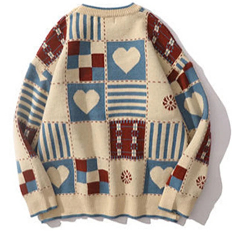 FOESCE Y2k Vintage Sweater Men Hip Hop Streetwear 2025 Harajuku Retro Japanese Style Love Oversized Women Knitted Sweater Wool Pullover
