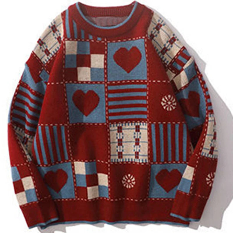 FOESCE Y2k Vintage Sweater Men Hip Hop Streetwear 2025 Harajuku Retro Japanese Style Love Oversized Women Knitted Sweater Wool Pullover