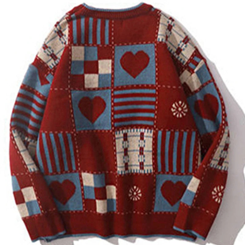 FOESCE Y2k Vintage Sweater Men Hip Hop Streetwear 2025 Harajuku Retro Japanese Style Love Oversized Women Knitted Sweater Wool Pullover