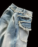 FOESCE Y2k men street fashion high-waisted wide-leg pants 2025 heavy industry rivet design raw edge jeans retro Harajuku loose pants