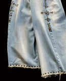 FOESCE Y2k men street fashion high-waisted wide-leg pants 2025 heavy industry rivet design raw edge jeans retro Harajuku loose pants