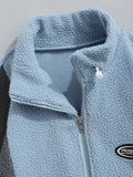 FOESCE ZAFUL Men's Casual Colorblock Fleece Fluffy Zip Up Stand Collar Pocket Toggle Drawstring Applique Design Jacket