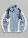 FOESCE ZAFUL Men's Casual Colorblock Fleece Fluffy Zip Up Stand Collar Pocket Toggle Drawstring Applique Design Jacket