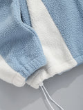 FOESCE ZAFUL Men's Casual Colorblock Fleece Fluffy Zip Up Stand Collar Pocket Toggle Drawstring Applique Design Jacket