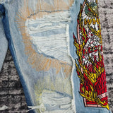 FOESCE men complicated embroidery stitching distressed jeans