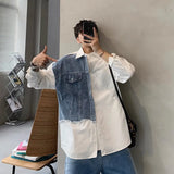 FOESCE spring and summer new Korean style long sleeved shirt men loose niche design contrasting color stitching denim shirt trendy y2k
