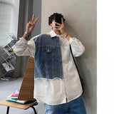 FOESCE spring and summer new Korean style long sleeved shirt men loose niche design contrasting color stitching denim shirt trendy y2k