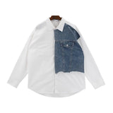 FOESCE spring and summer new Korean style long sleeved shirt men loose niche design contrasting color stitching denim shirt trendy y2k