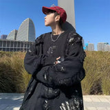 FOESCE y2k Loose Fit Hole Sweater Mens Autumn Vintage Design Casual Long Sleeve Knit Tops High Street Fashion Pullover Knitwear Male