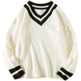Foesce Oversized Sweater Men New V-neck Harajuku Patchwork Color Knitted Sweater Pullover Hip Hop Streetwear Loose Knitwear Tops