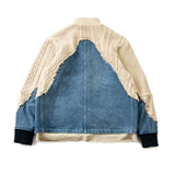 Foesce Men's Hi Street Twist Sweater Patchwork Denim Jacket Streetwear Kangaroo Pockets Jean Coat for Male