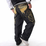 Foesce Plus Size Mens Jeans Top Rushed Stripe Loose Hip Hop Jeans Men Printed Hiphop Demin Pants Tide Trousers Embroidered Flower Wings